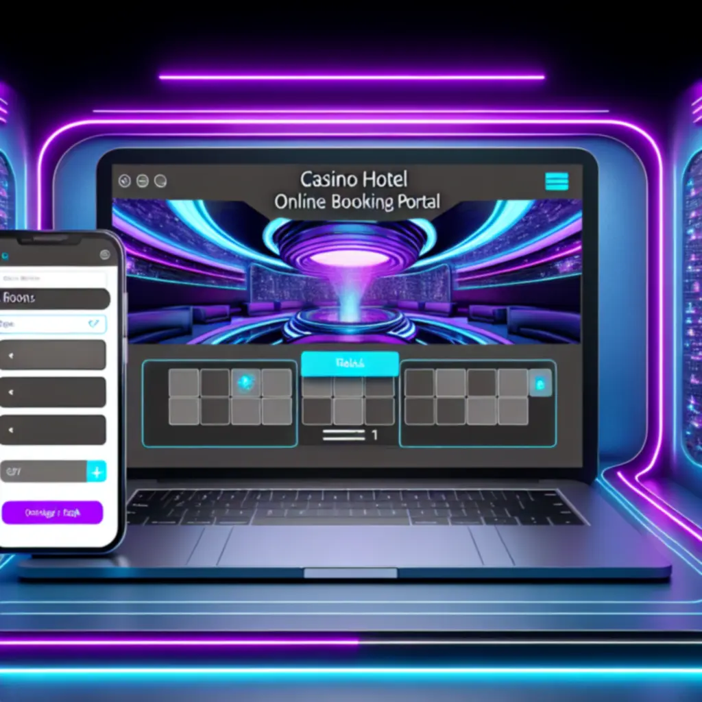 Panel rezerwacyjny PLNewHotel z neonowym interfejsem