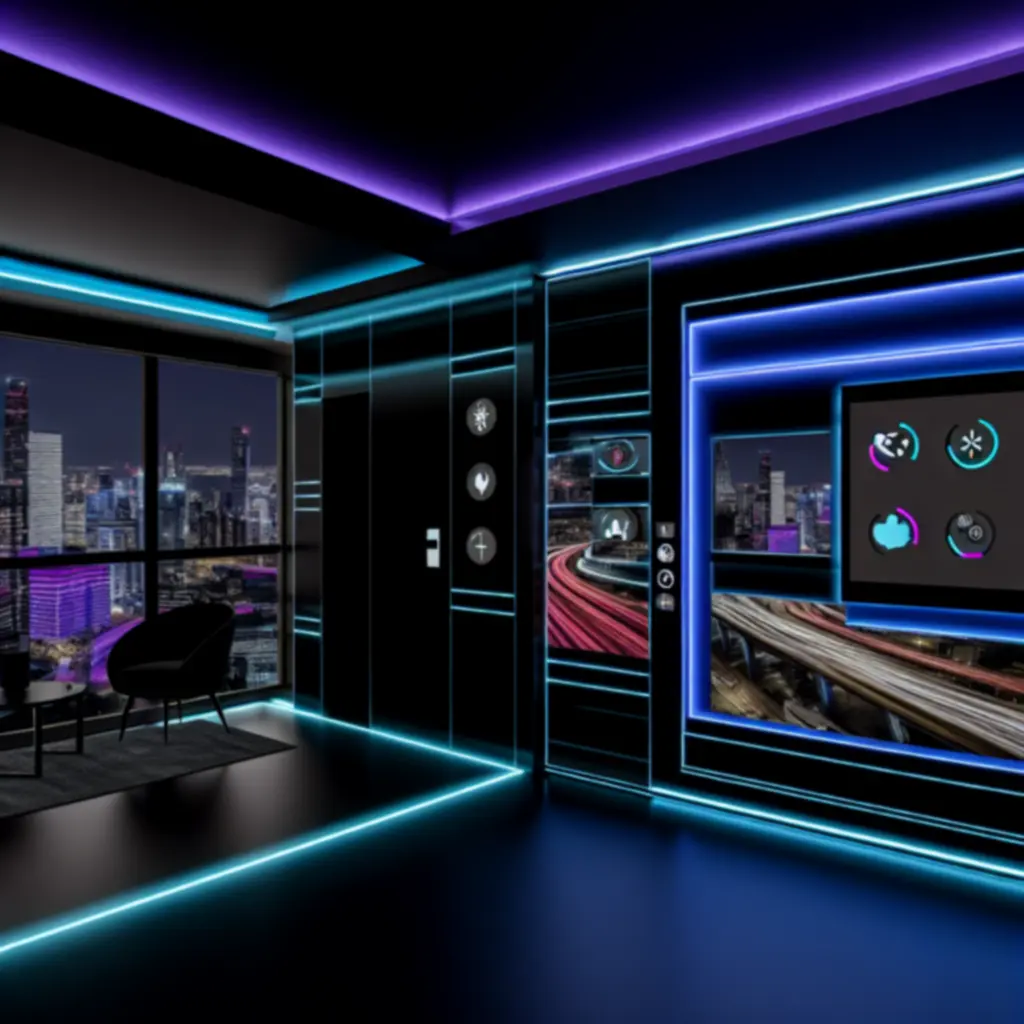 Futurystyczny pokój hotelowy z inteligentnym oświetleniem i sterowaniem klimatem