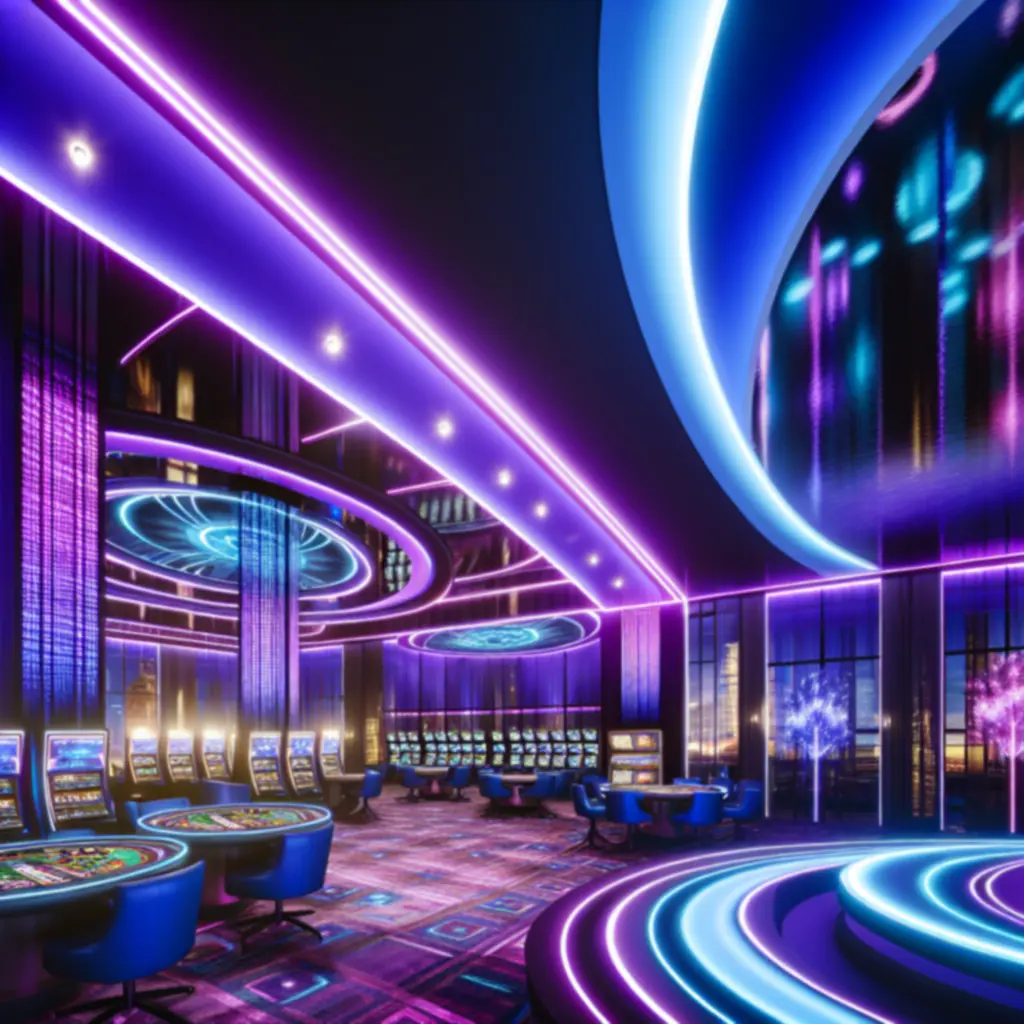 Neonowo oświetlone kasyno i futurystyczne lobby hotelu PLNewHotel