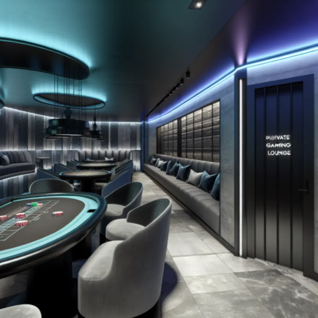 Prywatny high‑limit lounge oświetlony neonem w ekskluzywnym stylu