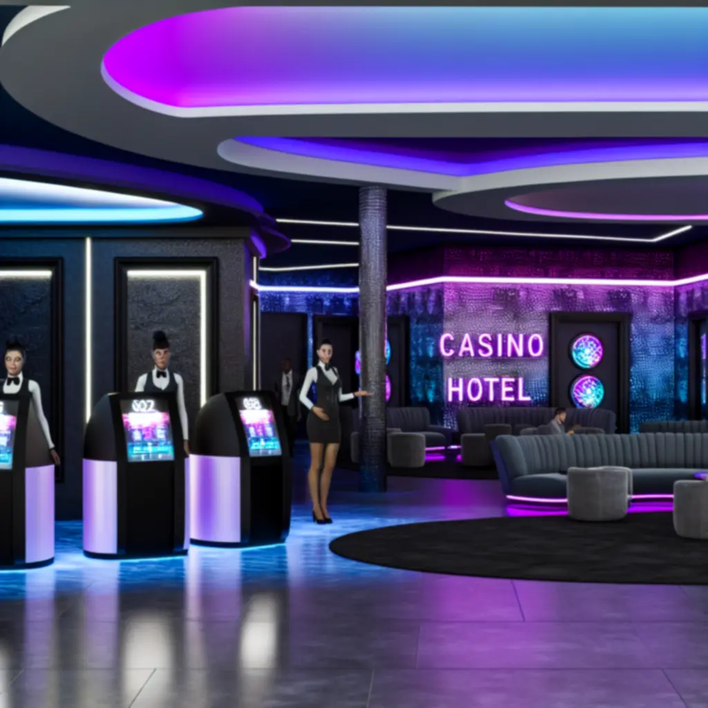 Neonowe lobby cyber-futurystycznego hotelu PLNewHotel