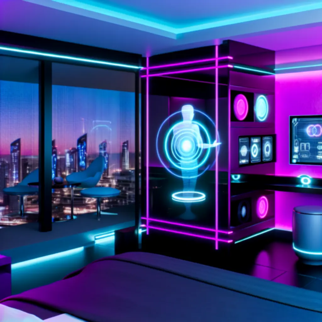 Inteligentny apartament z holograficznymi panelami i nowoczesnym wystrojem