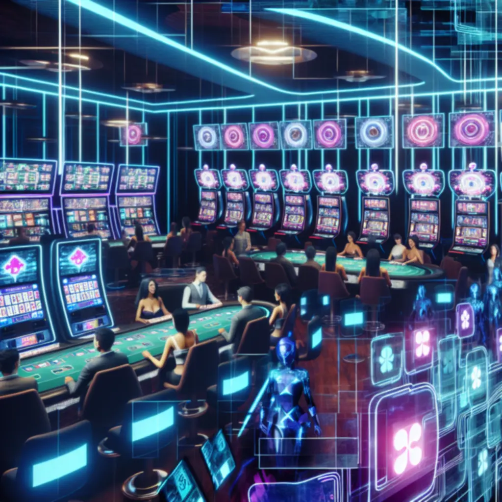 Neonowo oświetlona futurystyczna strefa gier z inteligentnymi stołami i slotami AR