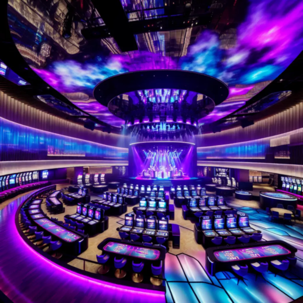 Neonowa strefa rozrywki z holograficzną scenografią i interaktywnymi światłami w PLNewHotel