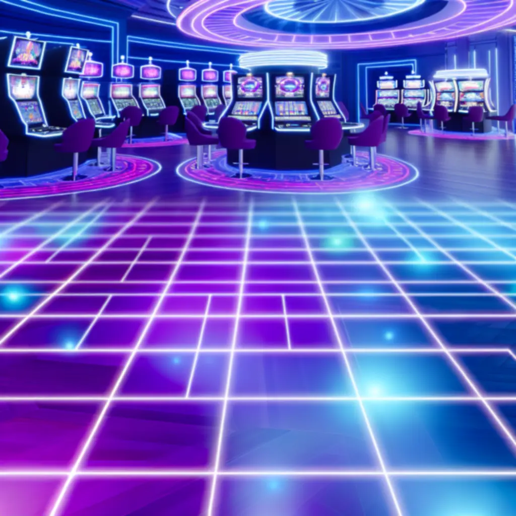 Neonowo oświetlony gaming floor z nowoczesnymi stołami i automatami