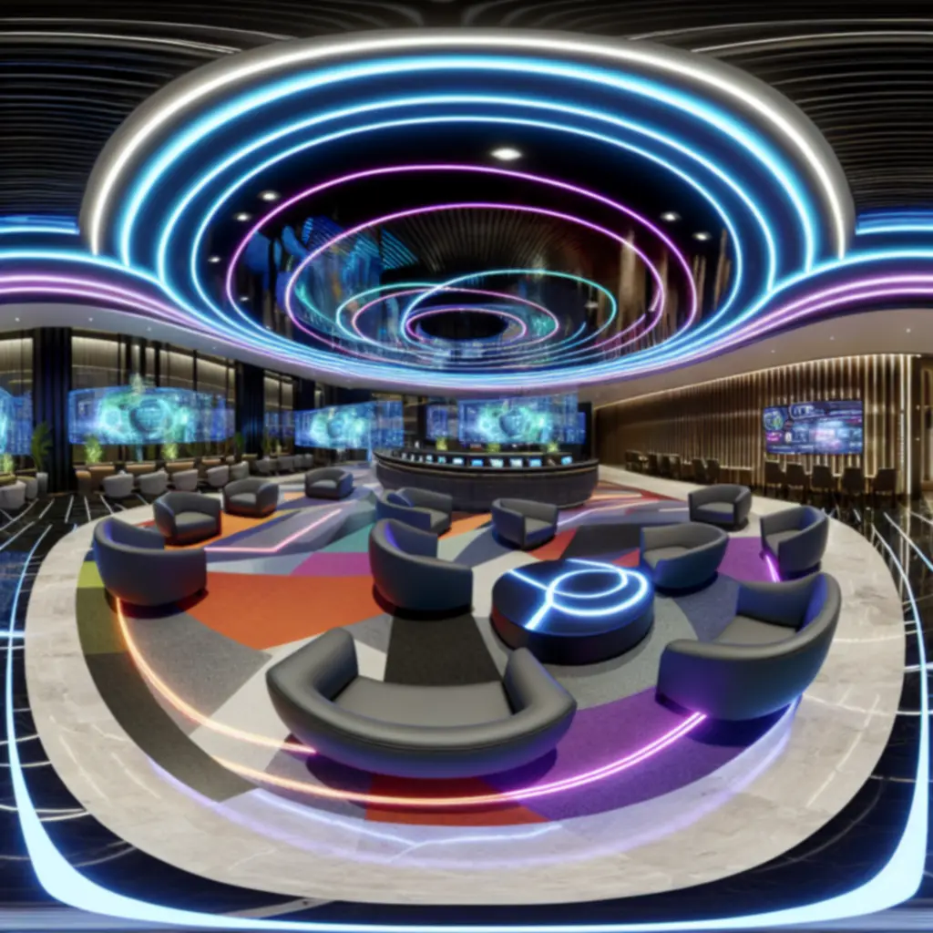 Wirtualny spacer po lobby: neonowe sufity i eleganckie wykończenia