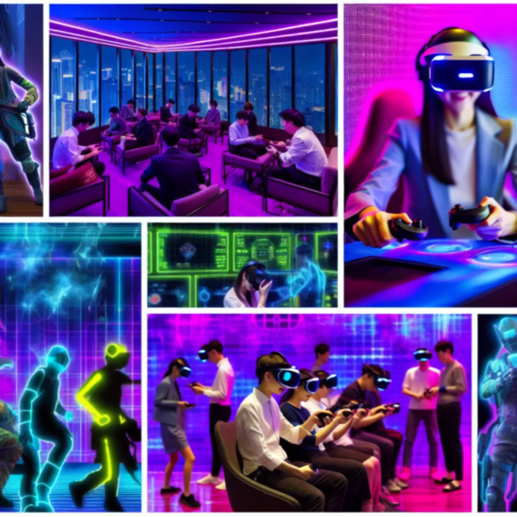 Uczestnicy w hełmach VR w futurystycznej arenie gier z neonowym oświetleniem